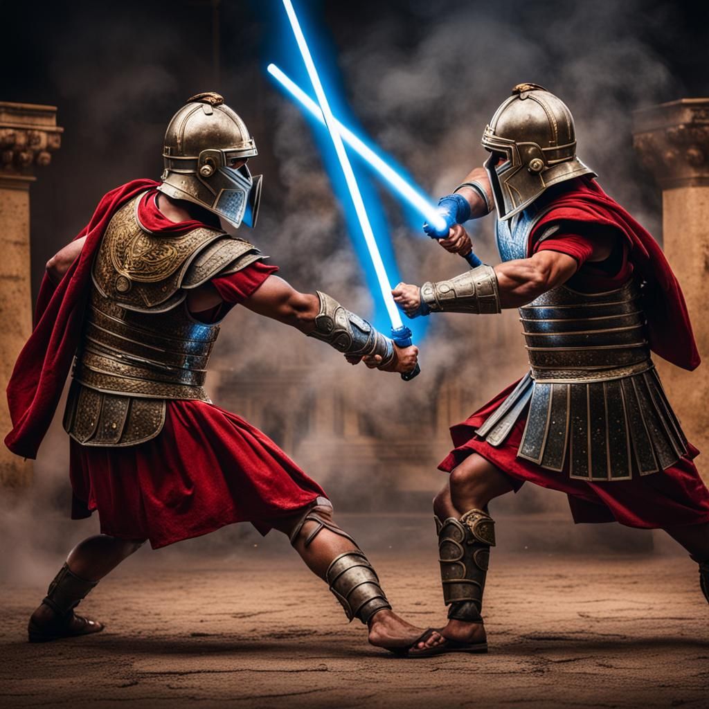 Two Roman Gladiators battling it out using lightsabers  by @Dantonio