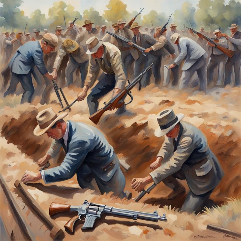 Americans burying their guns in the ground. in Gouache Style, Watercolor, Museum Epic Impressionist Maximalist ...  by @rteodo