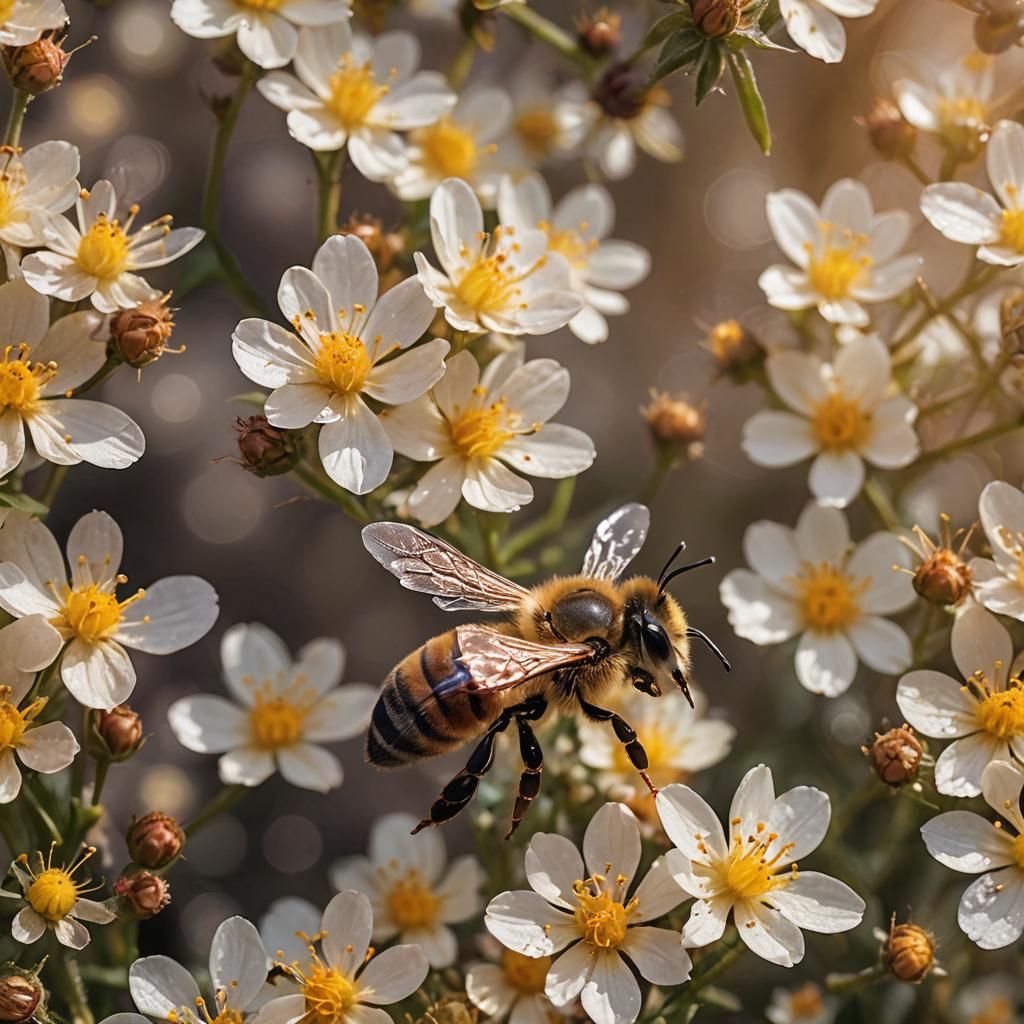 A close-up of one bee on a flower, hyperrealistic hyperdetai...