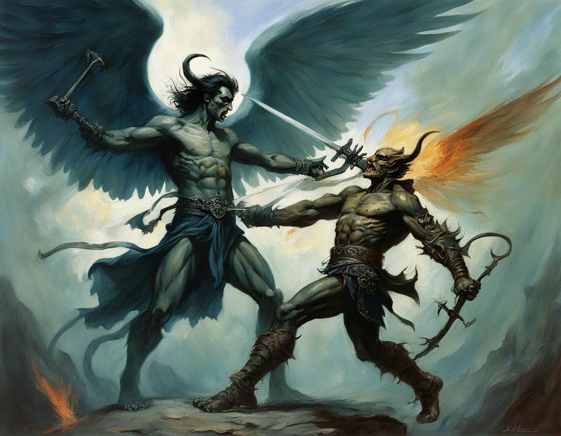 Archangel Uriel Battles Demon in Dark Fantasy Art