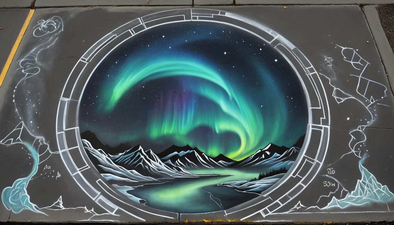 chalk art sidewalk drawing of a portal to north Alaskan showing the ...