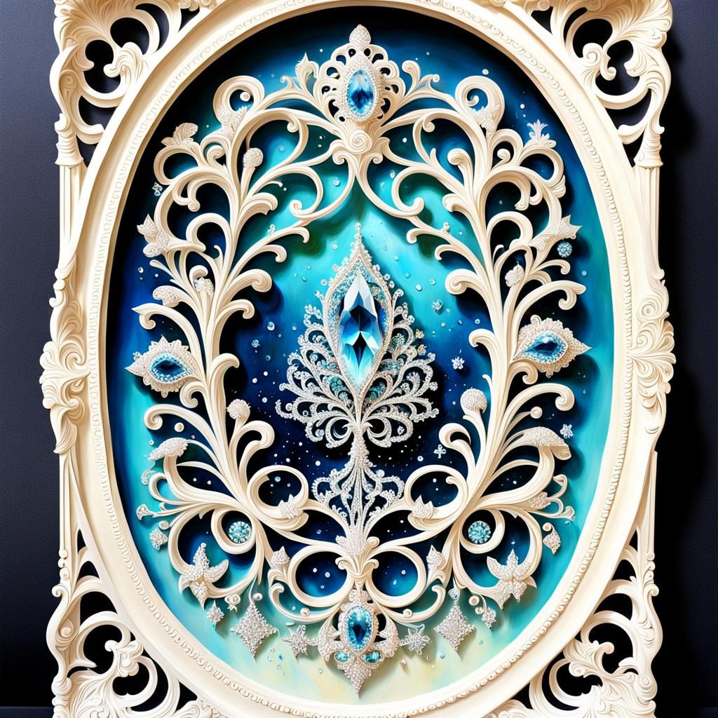 Surreal Painting, Crystalized Filigree, Ivory Framed