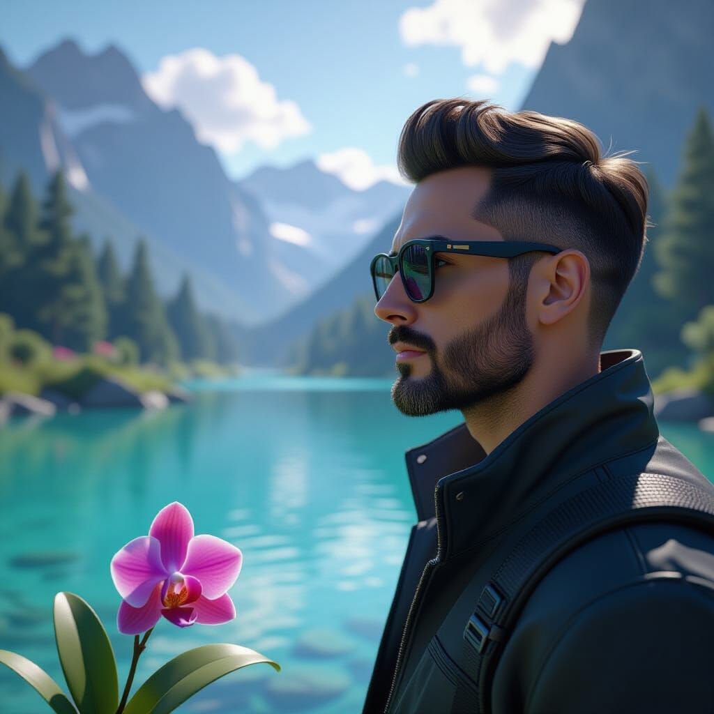 Man Gazing at River with Orchid, 3D Game Art