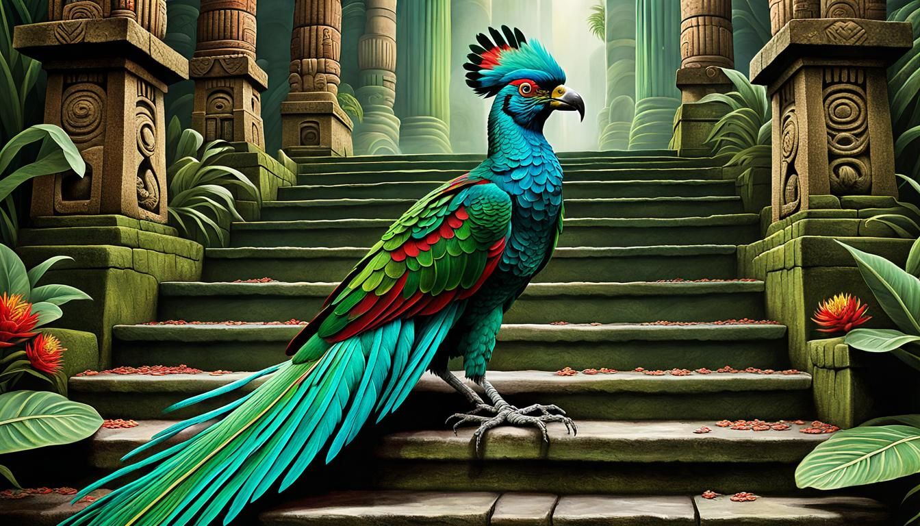 The Quetzal Bird on steps of Aztec Temple, in the unique art style of ...