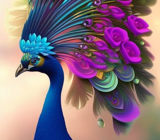 beautiful peacock between flowers
