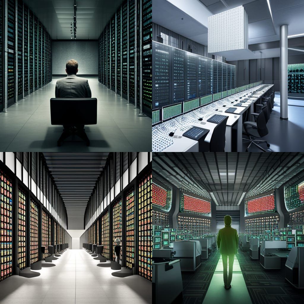 Matrix computer terminal with a wall of screens monitoring human brains ...