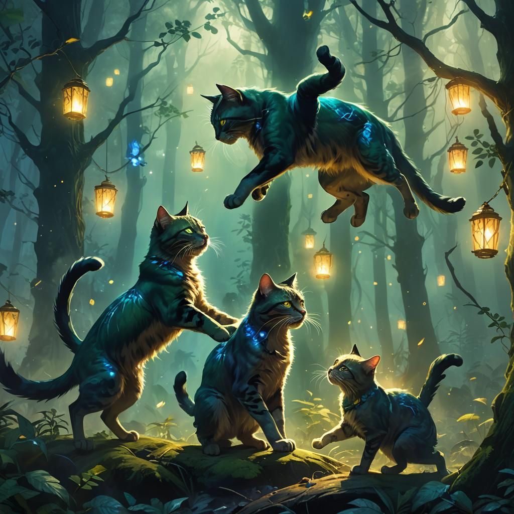 Epic Fantasy Cats Fighting in Misty Emerald Forest