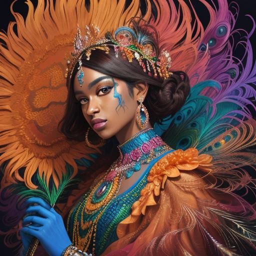 Beautiful woman with blue hair, crown made out of orange flo...