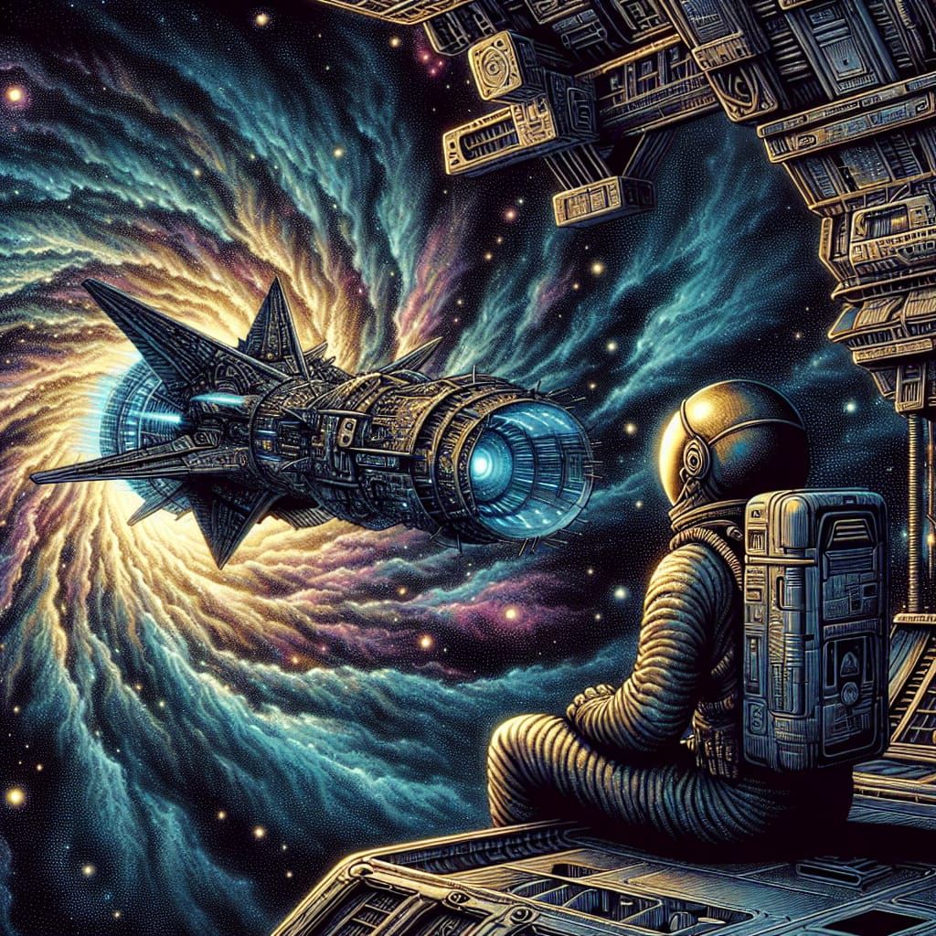 Astronaut Contemplates Mysterious Spaceship in a Gothic Univ...