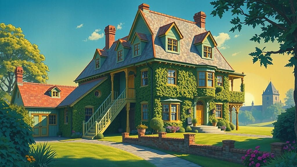 Harry & Ginny's House, house made of colorful large blocks, tvines, flowers, daytime, late afternoon sunlight, clear beautiful sky, colorful...