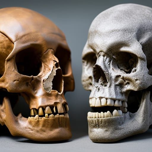 A bigfoot skull displayed side by side with a human skull, f...