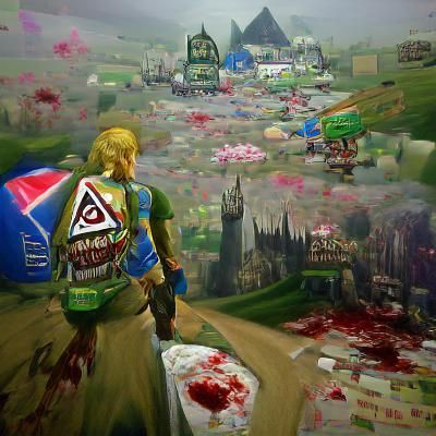 Hyrule after the zombie apocalypse. Maximalist hyperrealism.