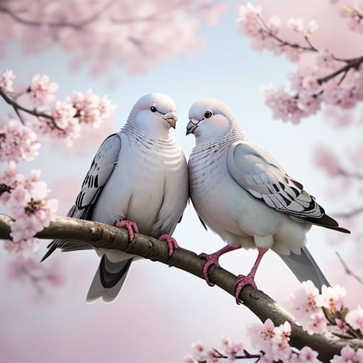 Doves on Cherry Blossom Branch in Bloom