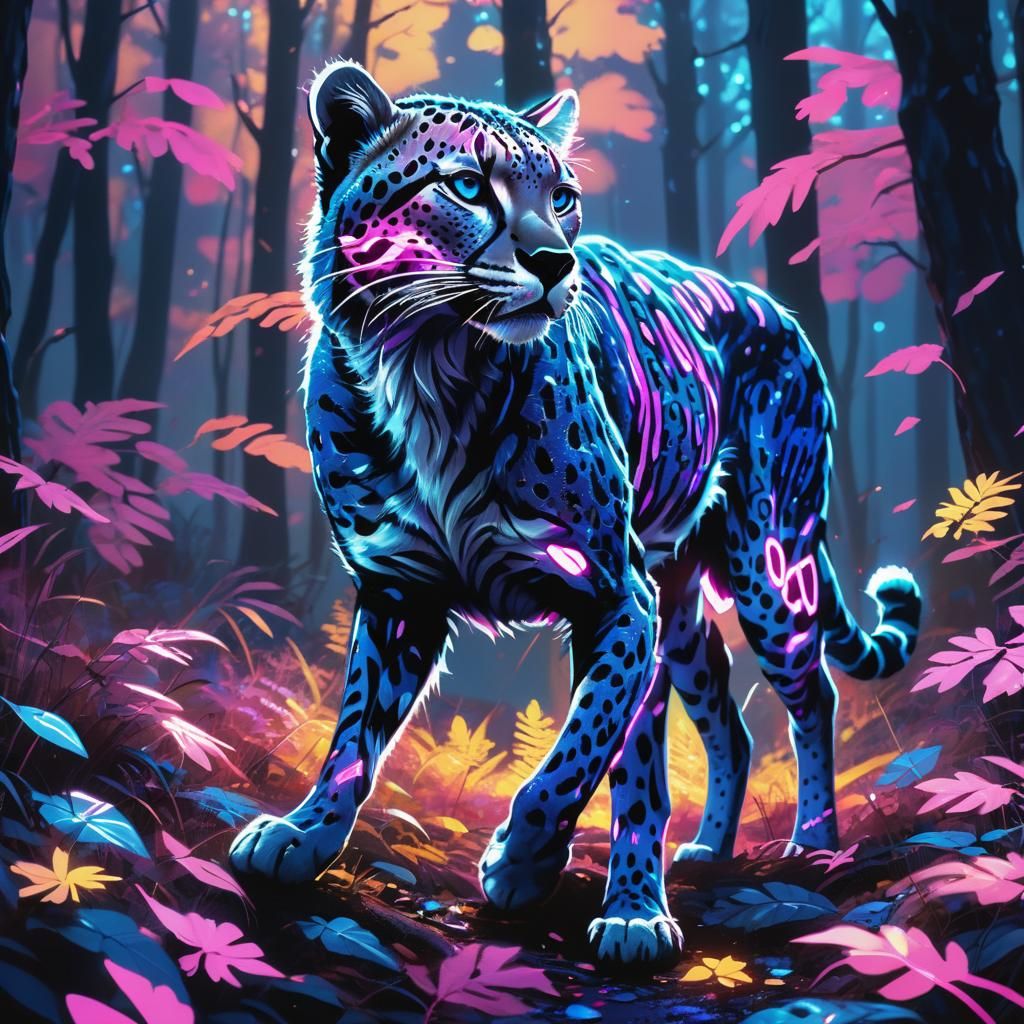 A majestic dark blue cheetah with neon blue and neon pink zebra stripes and polka dots on it's body, and it is running through a moonlit aut...