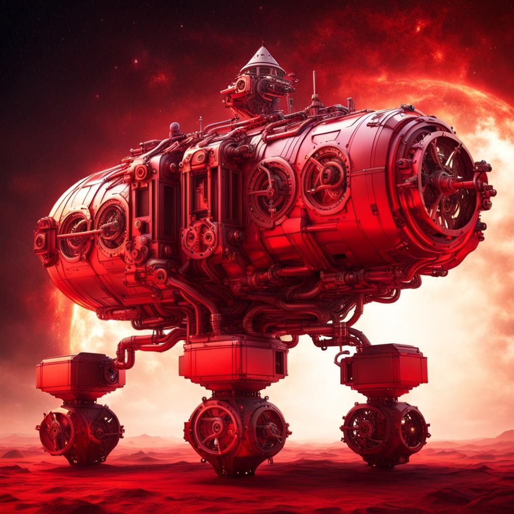 Cube shaped spaceship in a red universe