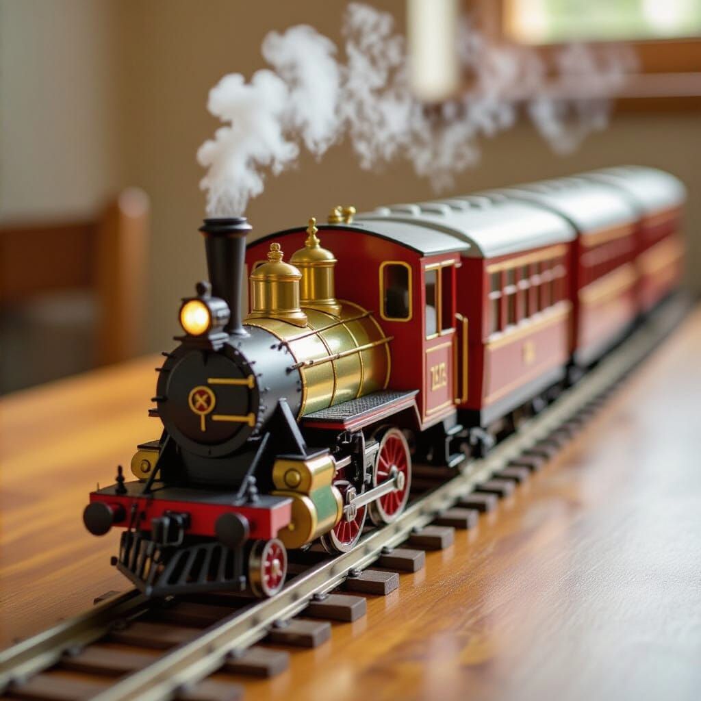 Toy Train on Dining Table with Sunlit Steam