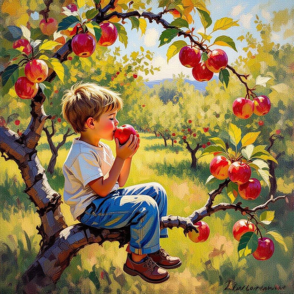 Boy Eating Apple in Sunlit Orchard Oil Painting