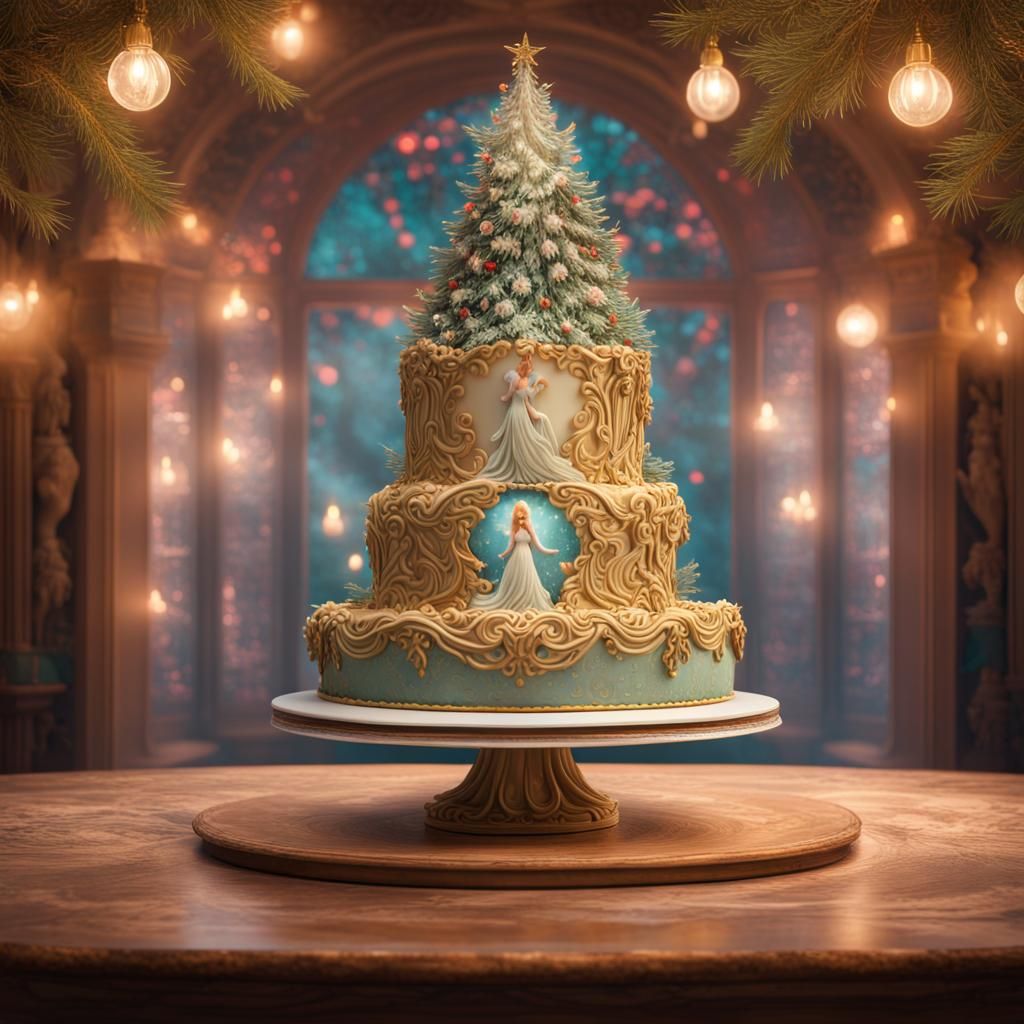 Cake sculpture decorated Christmas tree cake with lights and an angel