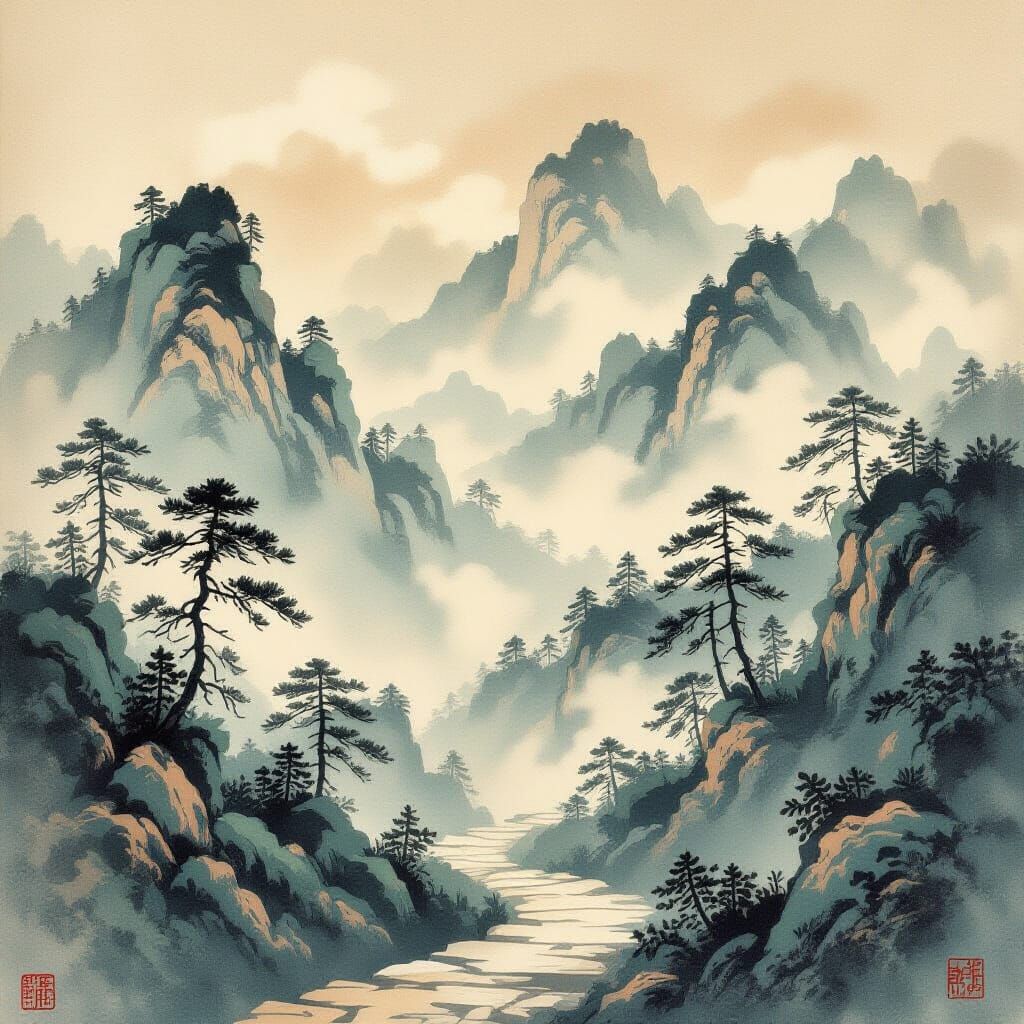 Serene Mountain Path Ink Wash Painting