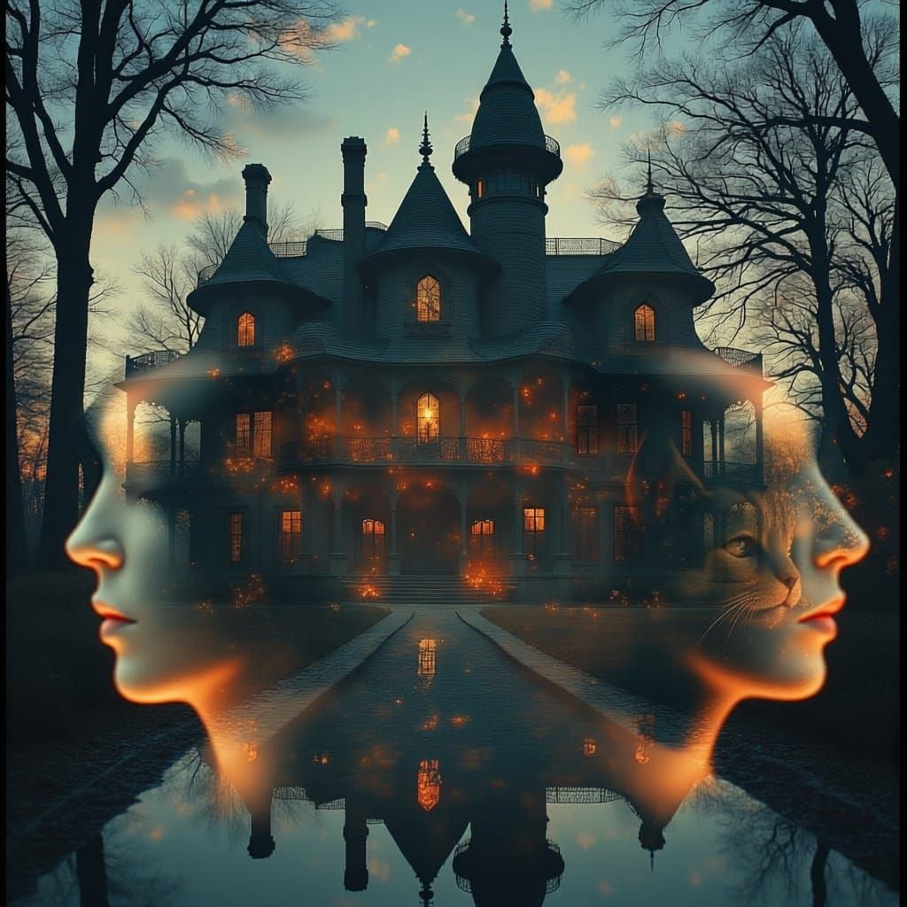 <lora:MJ6-1 DExposure:1.0> Super fun monopoly style haunted house, with a double exposure of< 6 faces in profile, 4 human , 1dog and cat. 1....