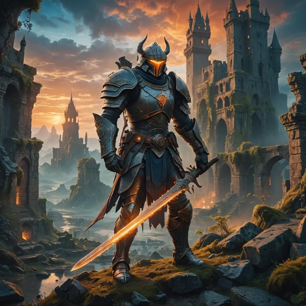 Armored Warrior in Crumbling Cityscape: Fantasy Concept Art