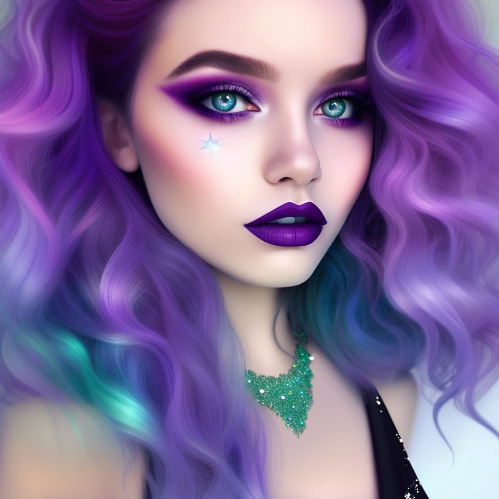 Ethereal young lady with purple Galaxy hair with blue highlights& magenta pink highlights& Emerald green highlights& gli...