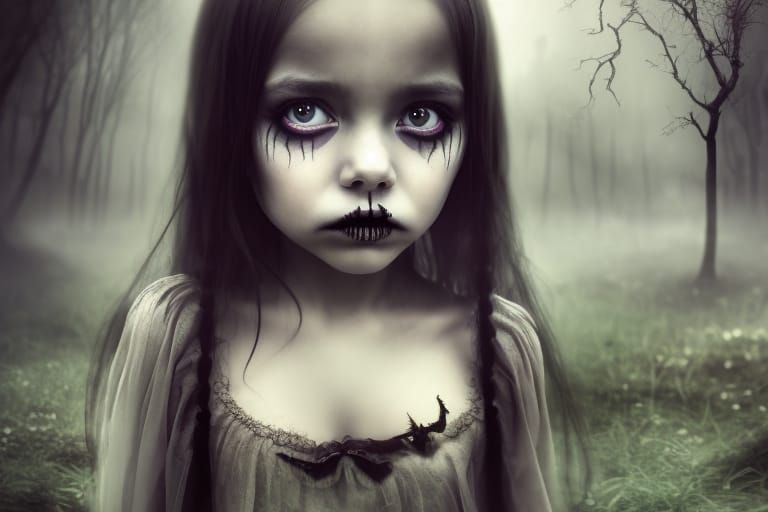 Beautiful toddler girl in spooky cemetery