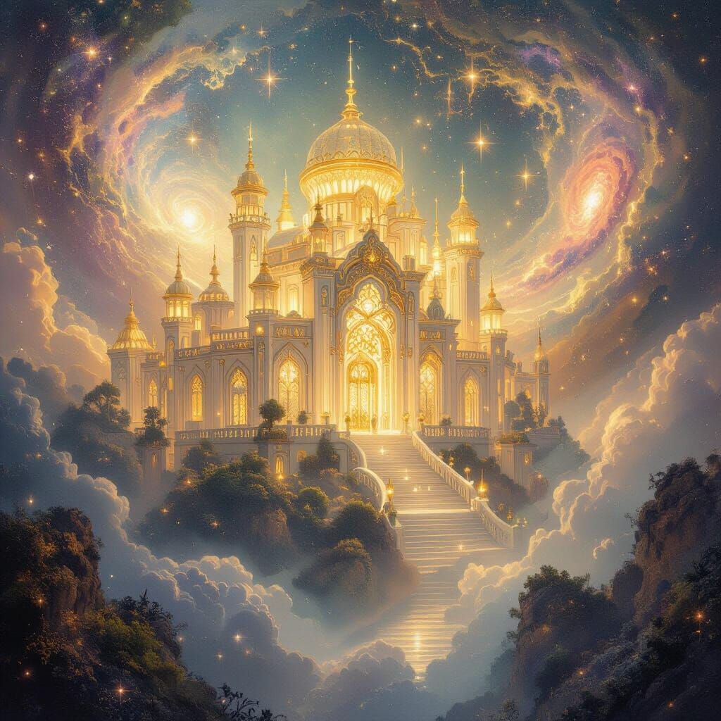 An ethereal celestial palace floating among the stars, glowing with soft golden light, surrounded by ...  by @Vincent Aroge