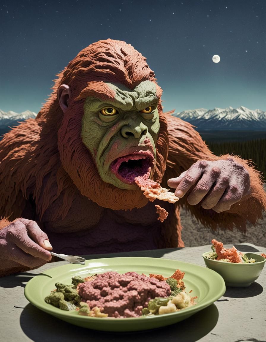 Sasquatch eating, frog meat all over his face.  
color corre...