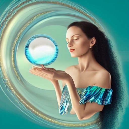 Portrait; sky-blue-skinned woman with loose, long, curly tea...