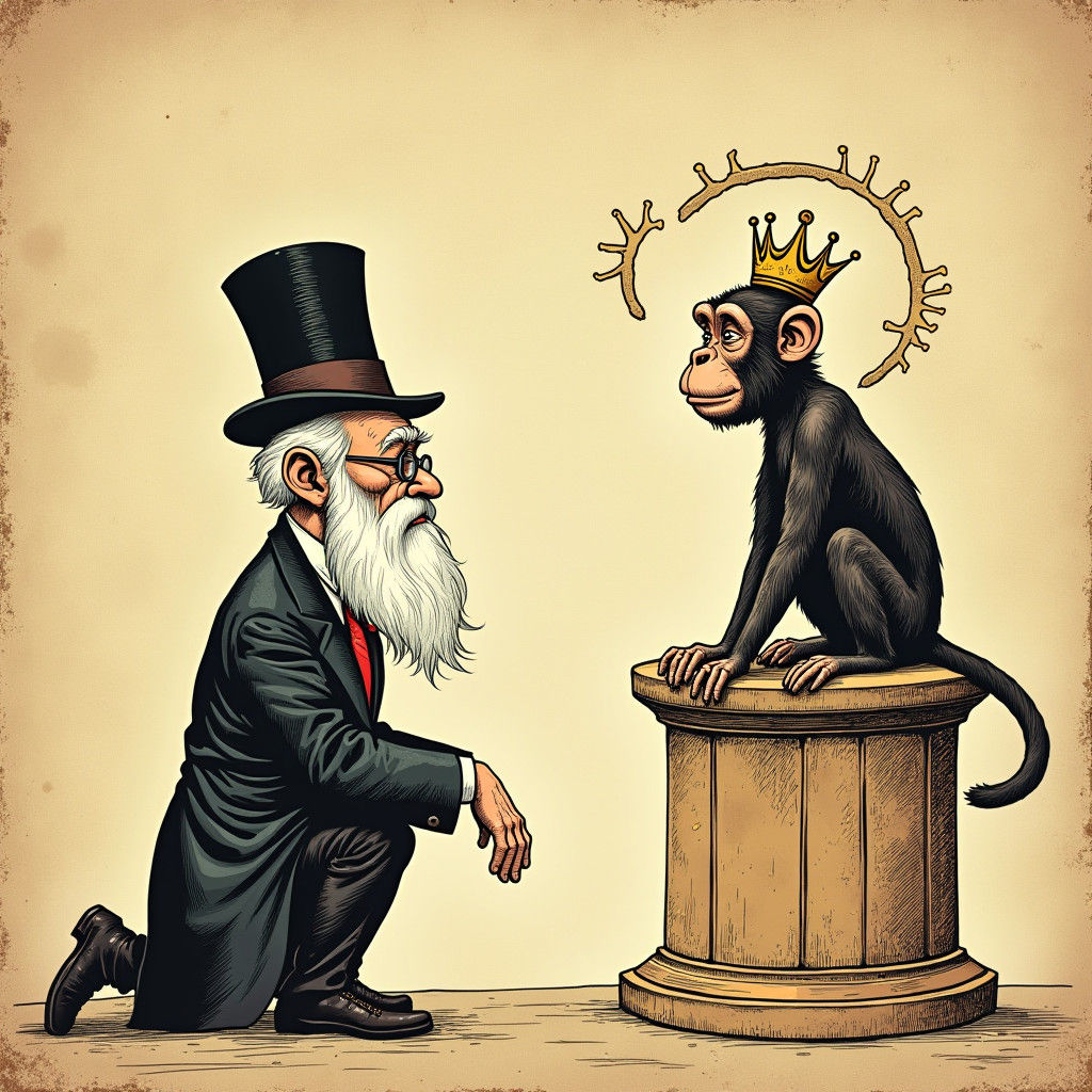 A caricature of Charles Darwin worshiping a monkey. In the style of old newspapers. Mood is funny.