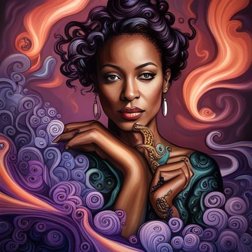 Thandiwe newton as a steampunk genie inside a bottle, swirls...