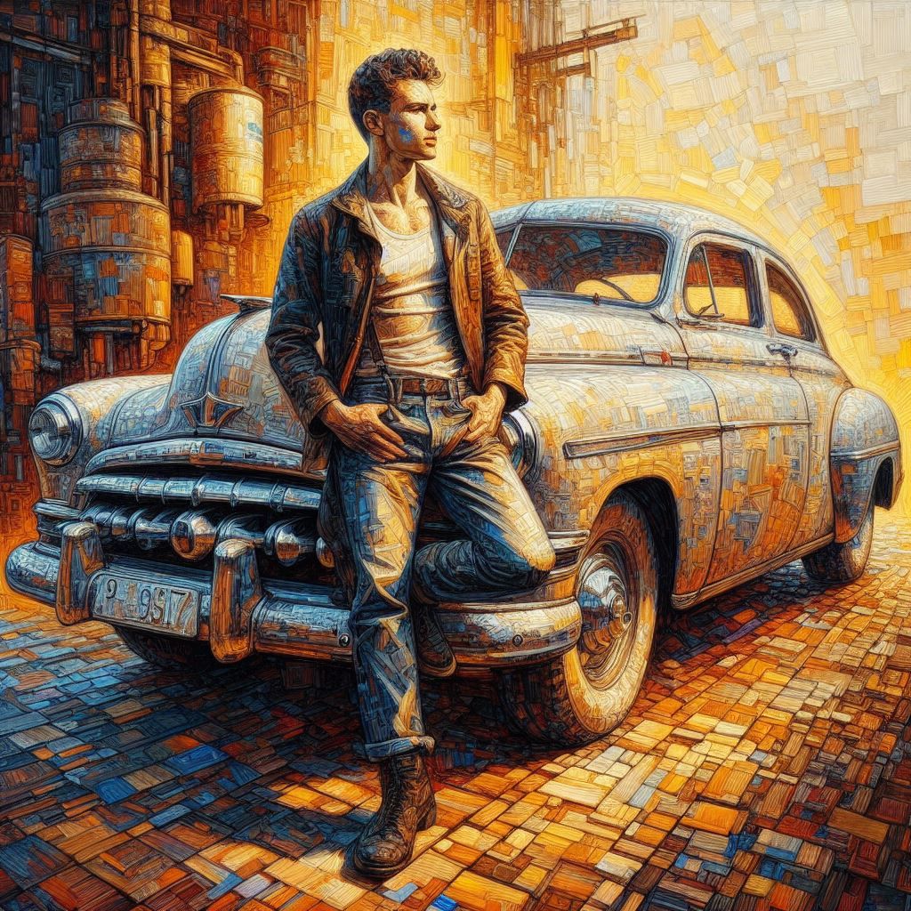 Handsome man from the past with his car
