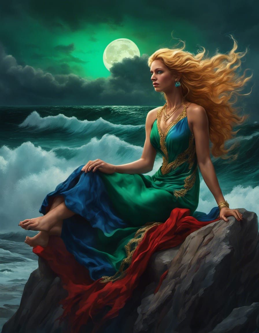 500 BCE Amazon female red blonde waving hair emerald green e...