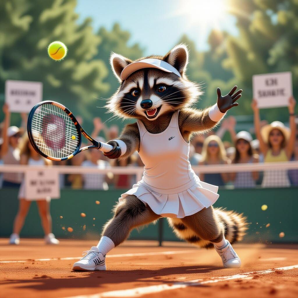  A determined-looking raccoon in a crisp white tennis outfit, complete ...  by @MARTCH
