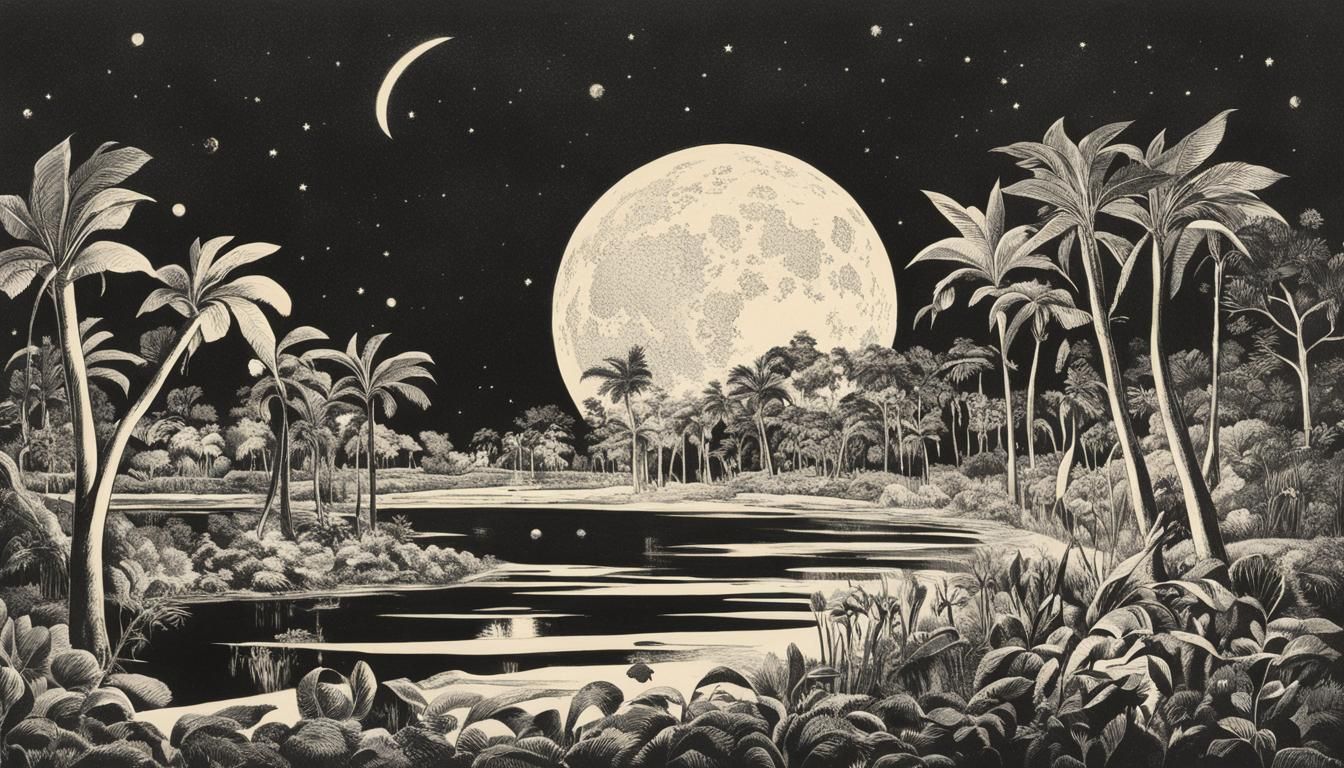 Le temps d’un poème Écrit sur l’aile des vents Jardin de lune, lithographie dégradé brun et noir, en 1934 par Haïku_Hiroshige_021
