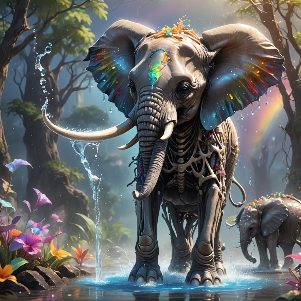 A whimsical skeleton elephant baby spraying water from his u...
