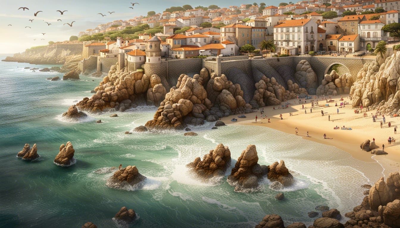 Cascais, Portugal. insanely detailed crowded shoreline with hidden coves and towering rock formations, ...  by @Jokavld