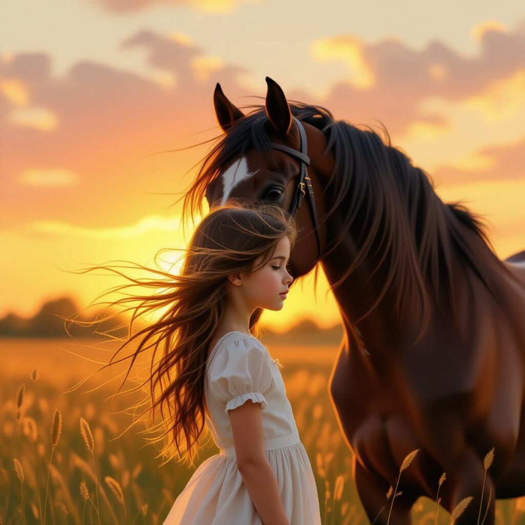 Girl and Horse at Sunset, Hair Blending