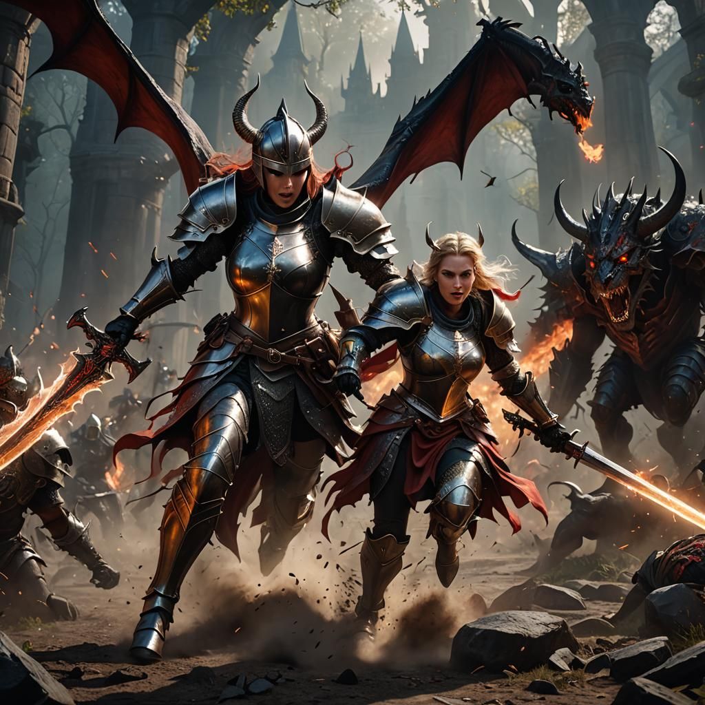 A female knight charging against an evil demon