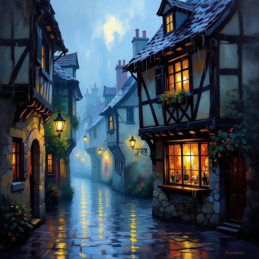 A glowing tavern window on a rainy night 