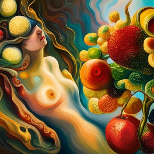Surrealist Woman Blossoming with Fruits in Impasto Style