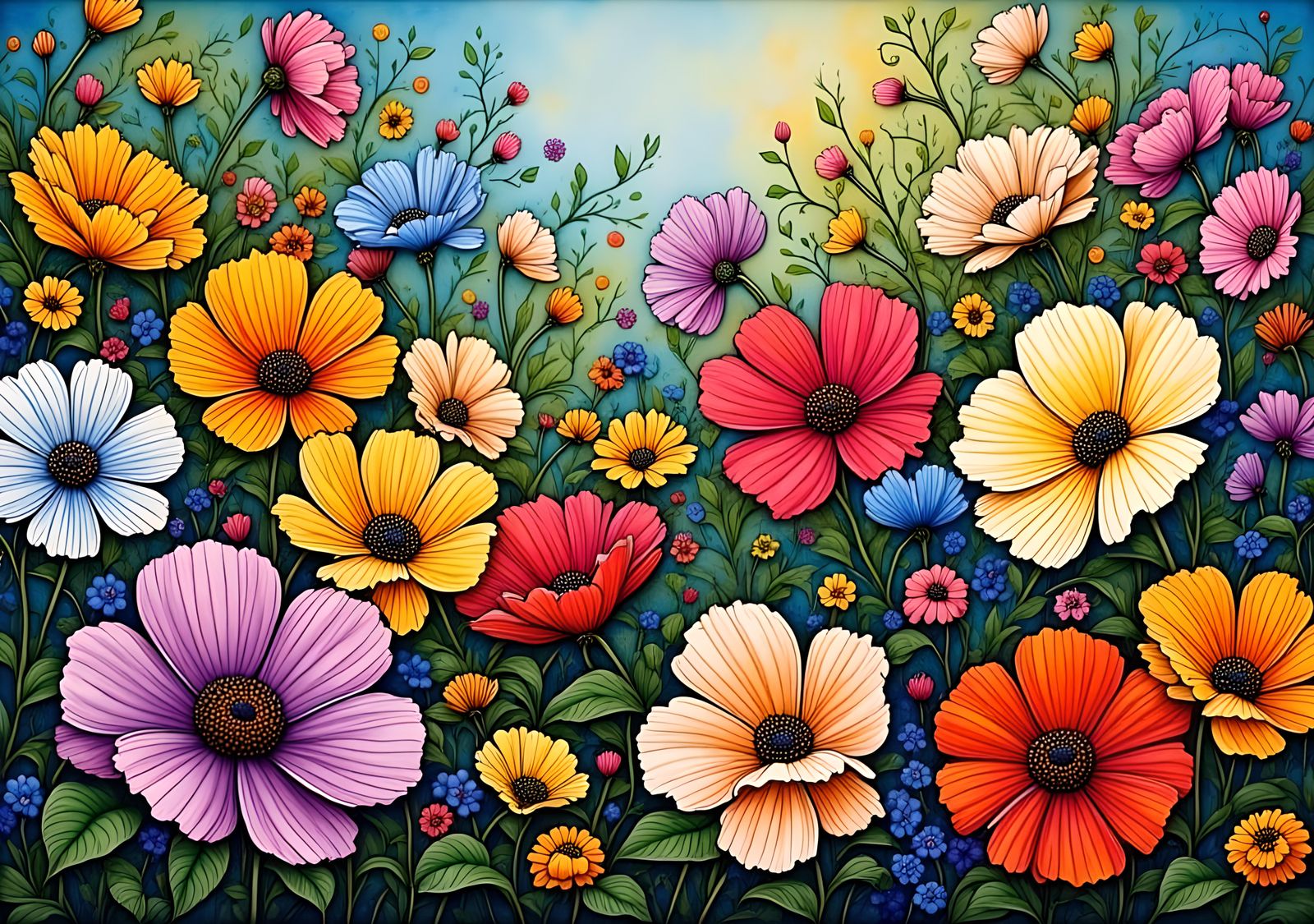  <lora:Peaceful Chaos Flux:1.0> , flower garden, hyperdetailed