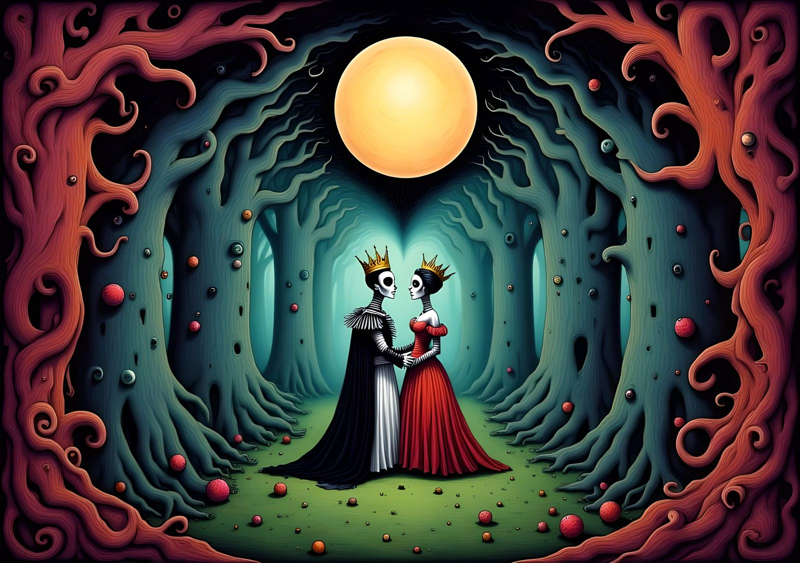 king and queen, by tim burton,  <lora:Whimsical Darkness:1.0>