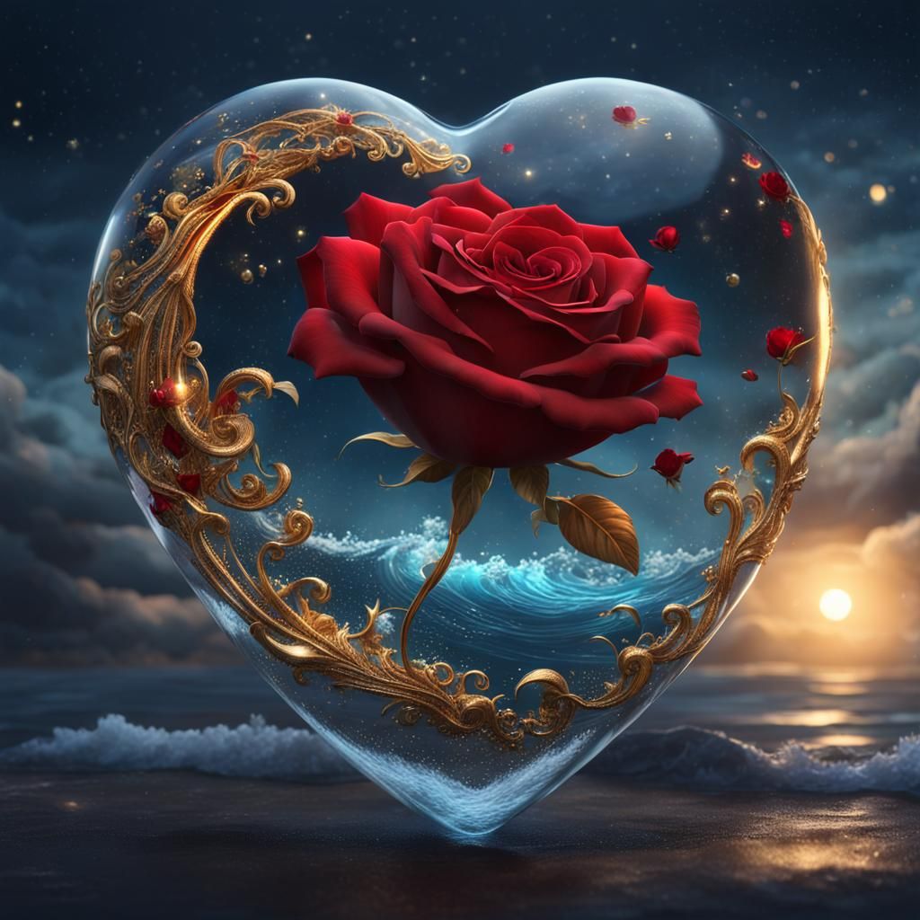 A glass heart the ocean, moon, night and stars.  In the glass heart a red rose.  A WAVE going OVER the heart with a bit ...