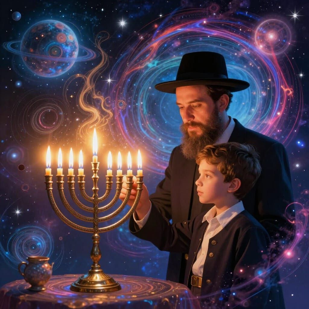 Haredi Father and Son Lighting Hanukkah Menorah