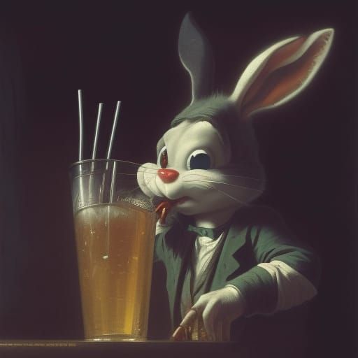 Bugs bunny drinking a beer with a straw