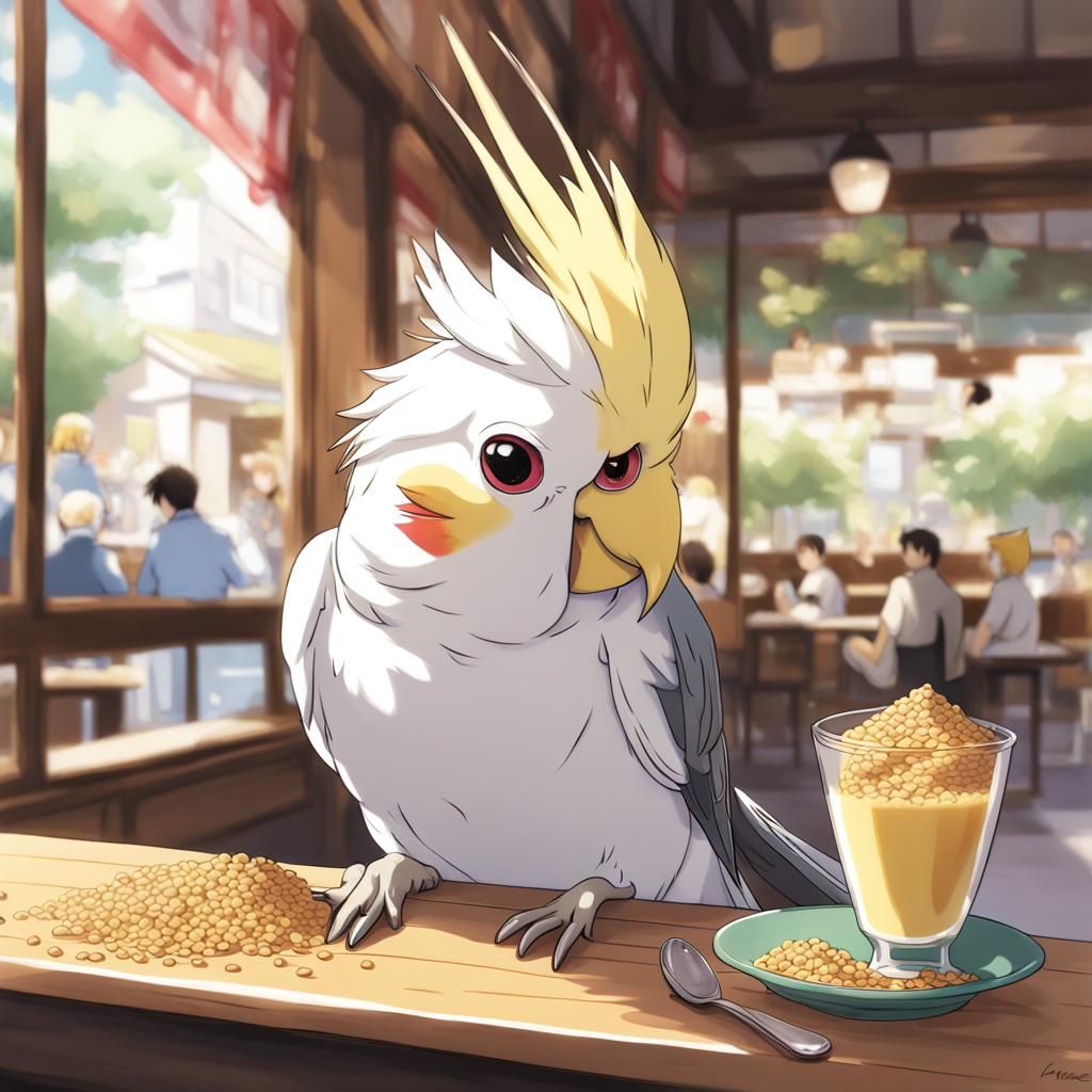 a cockatiel eating seeds at a cafe