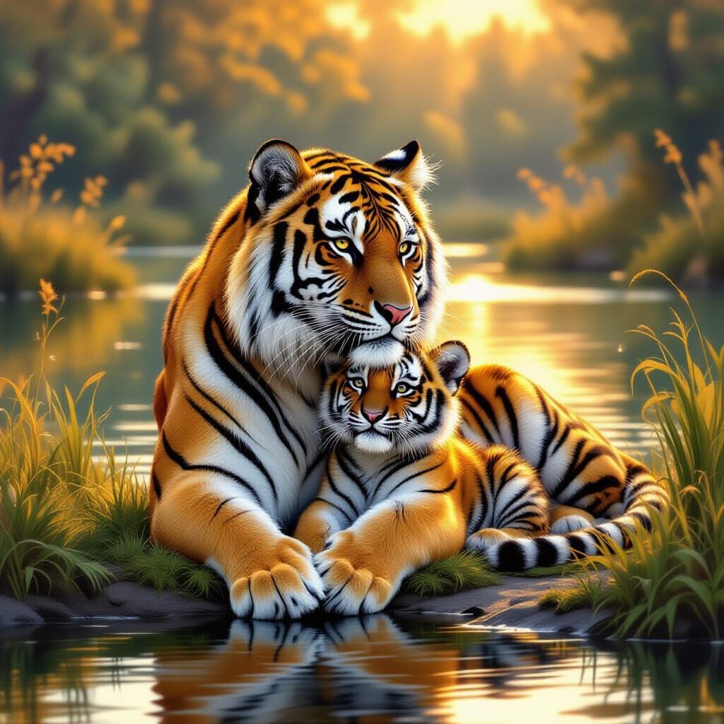 Majestic Tigress Embraces Cub by Shimmering Lake