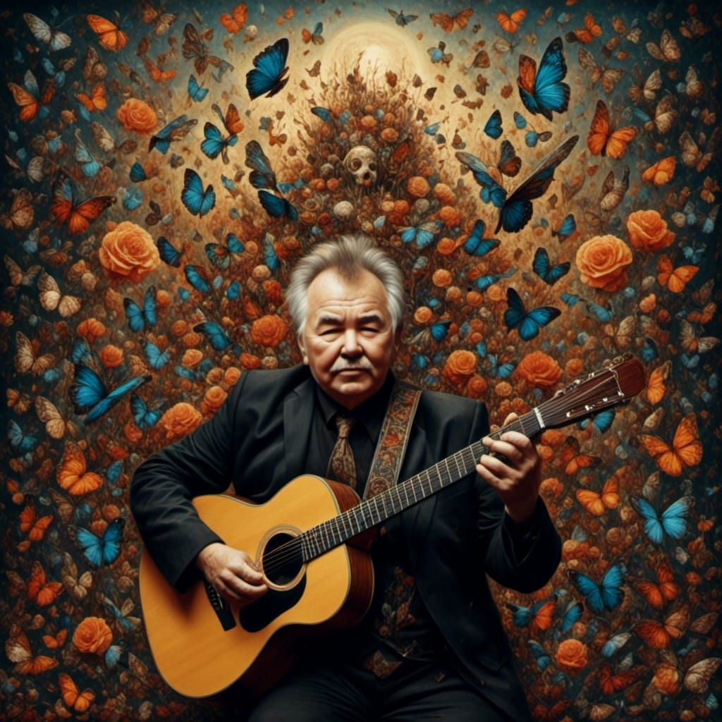John Prine, Martin acoustic guitar <lora:Other Worldly:1.0> <lora:Romantic Oil Paint:1.0> <lora:Prismatic Vitality:1.0>